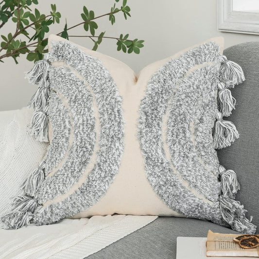 Gorgeous Half Moon Accent Boho Tufted Decorative Throw Pillow Cover, Stylish & Cozy Rainbow Design Cotton Canvas Cushion Cover | Tassels Pillow Case Home Decor 18"X 18" Mixed Grey 1 Piece