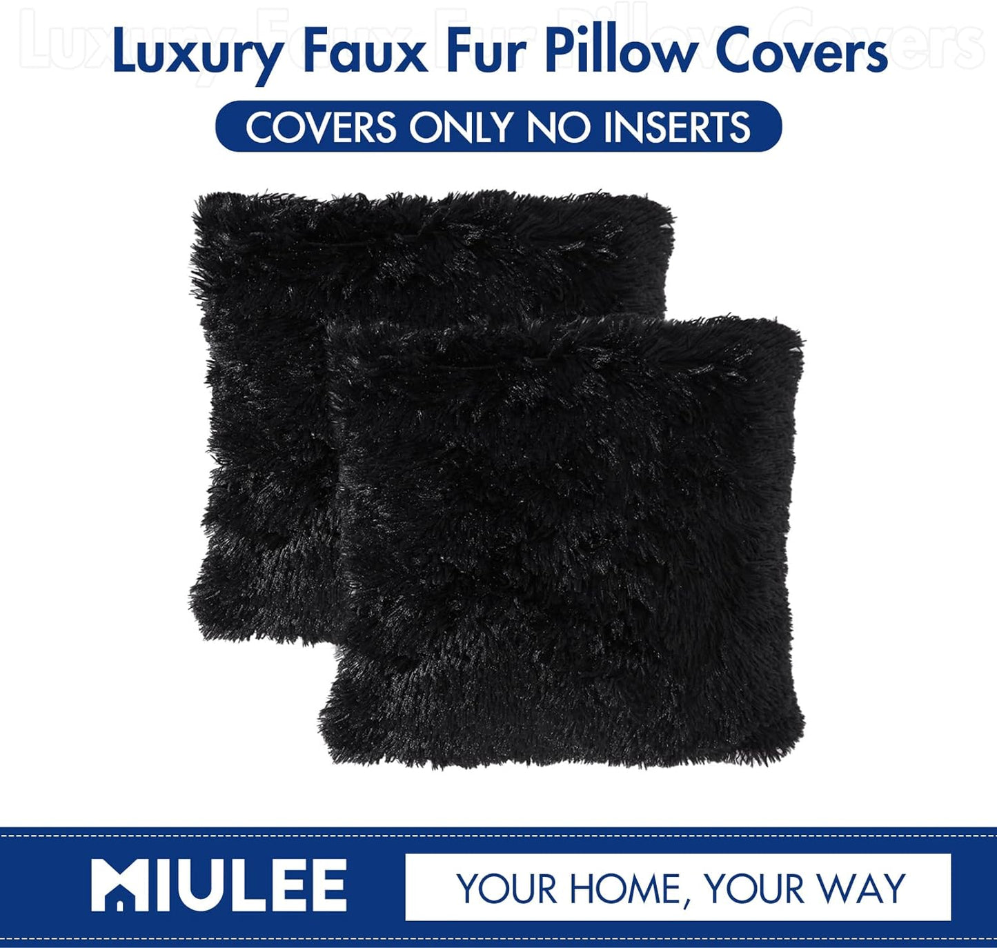 Pack of 2 Luxury Faux Fur Throw Pillow Cover Deluxe Winter Decorative Plush Pillow Case Cushion Cover Shell for Sofa Bedroom Car 18 X 18 Inch Black