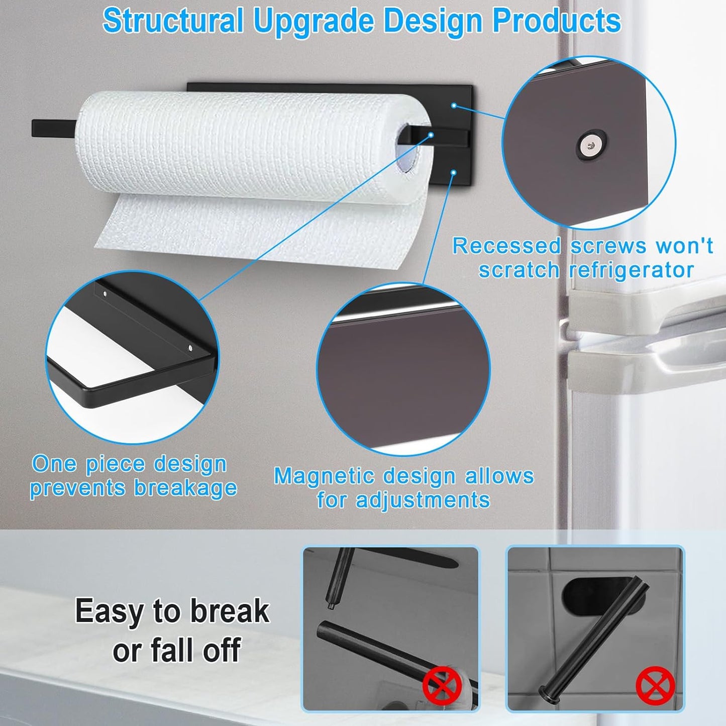 Paper Towel Holder, Magnetic Paper Towel Holder for Fridge, Toilet Paper Roll Holder Magnet Towel Rack Wall Mount Fridge Organizer for Paper Towels Rolls Bathroom Pantry RV Kitchen Storage