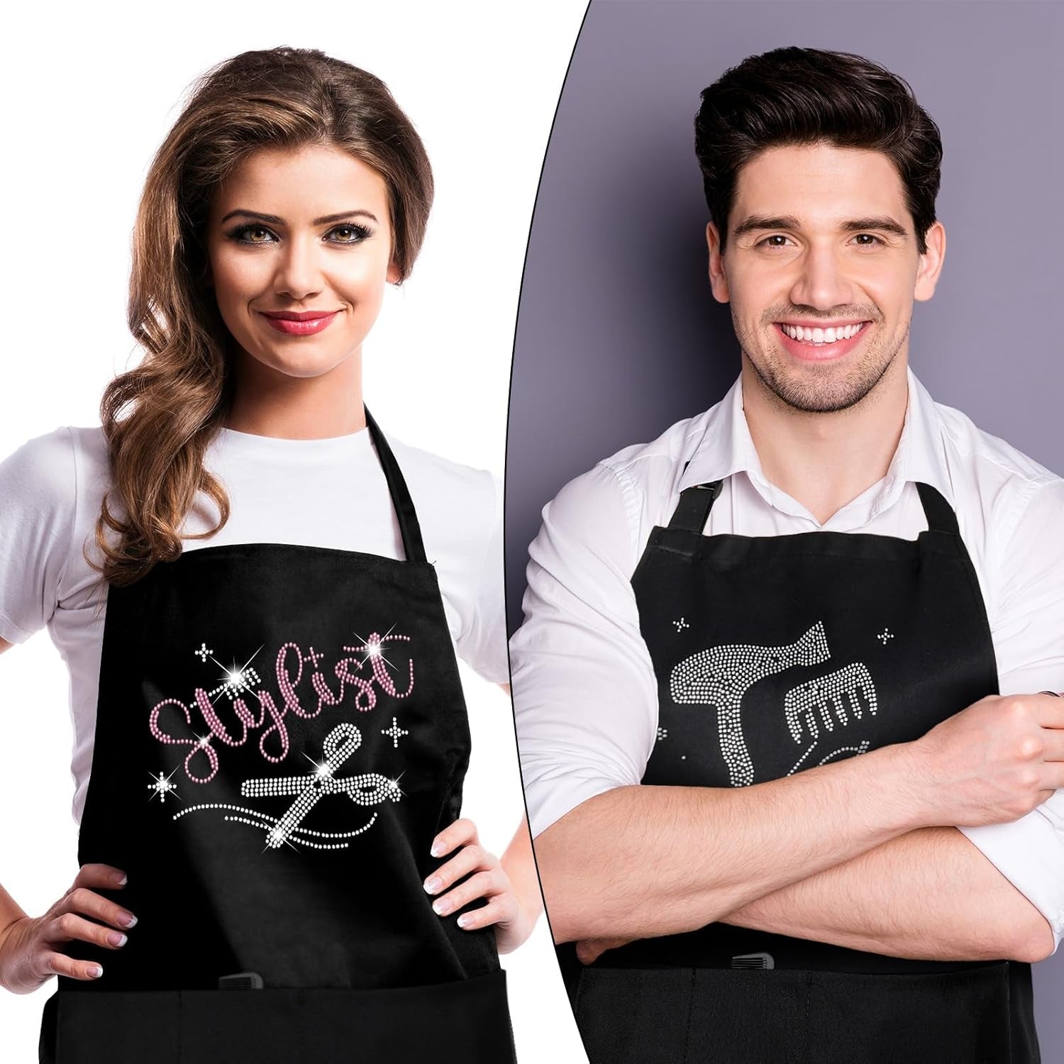 Auidy 6TXD 2Pcs Black Rhinestone Hair Stylist Apron, Classic Design with Three Pockets, Adjustable, Waterproof, Unisex-Adults