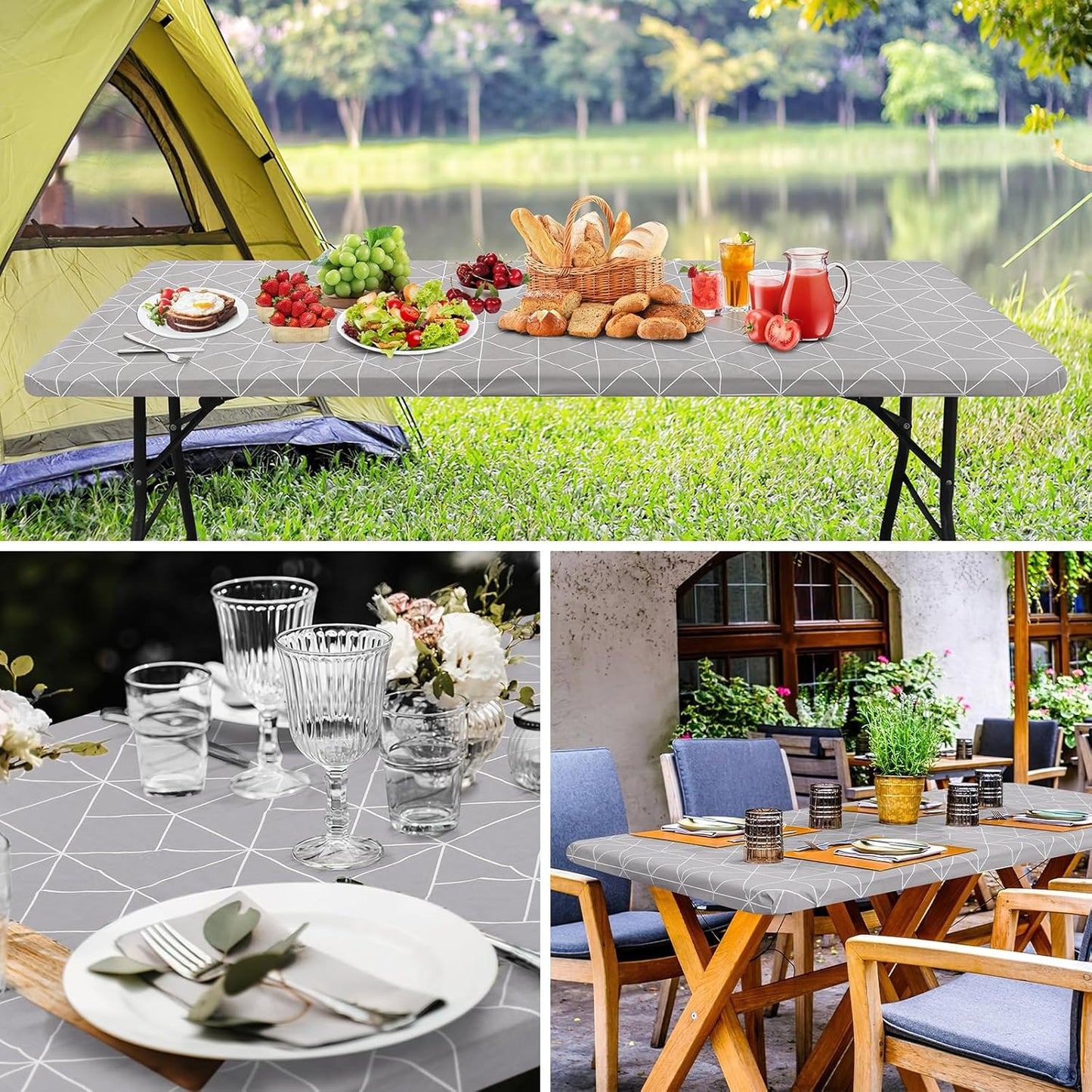 Rectangle Fitted Plastic Table Cloth, Elastic Vinyl Flannel Backed Tablecloth, Waterproof Table Cover Fits 6 Foot Folding Tables for Outdoor Picnic Camping (Light Grey, 30" X 72")