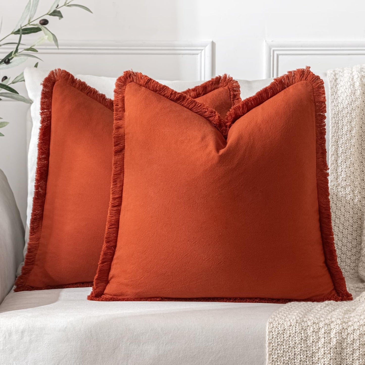Throw Pillow Covers Fall Boho Farmhouse 18X18 Set of 2 Decorative Burnt Orange Couch with Fringe Chic Cotton Pillowcases Home Decor Accents for Cushion Soft Bed Living Room