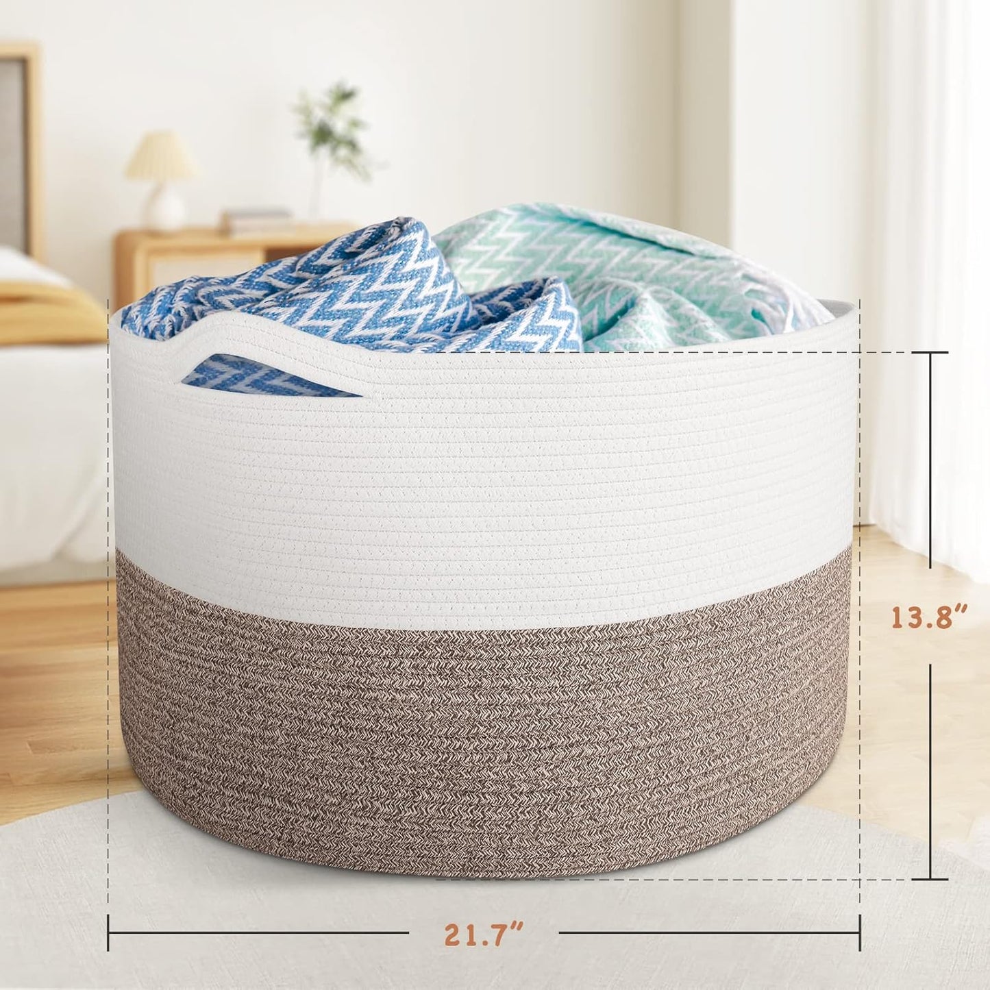 Storage Basket Large Cotton Rope Basket 21.7"X 21.7" X 13.8" with Handle Big Soft Nursery Cube Bin Laundry Hamper for Living Room(White/Brown)
