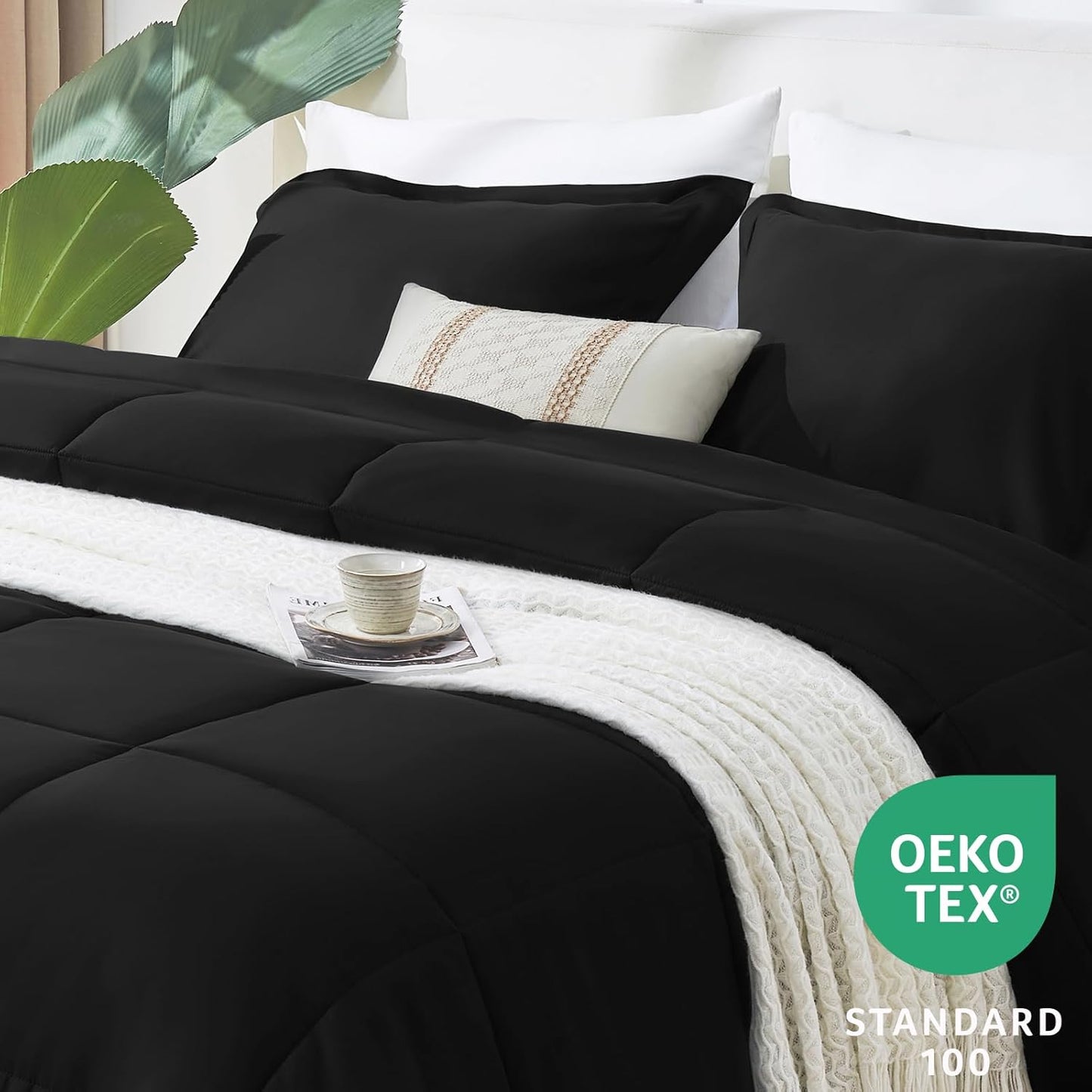 Queen Size Comforter Sets - Black Comforter Queen Size, 3 Pieces Box Stitched Soft Lightweight Bed Set, All Season Bedding Sets with 1 down Alternative Comforter and 2 Pillow Shams