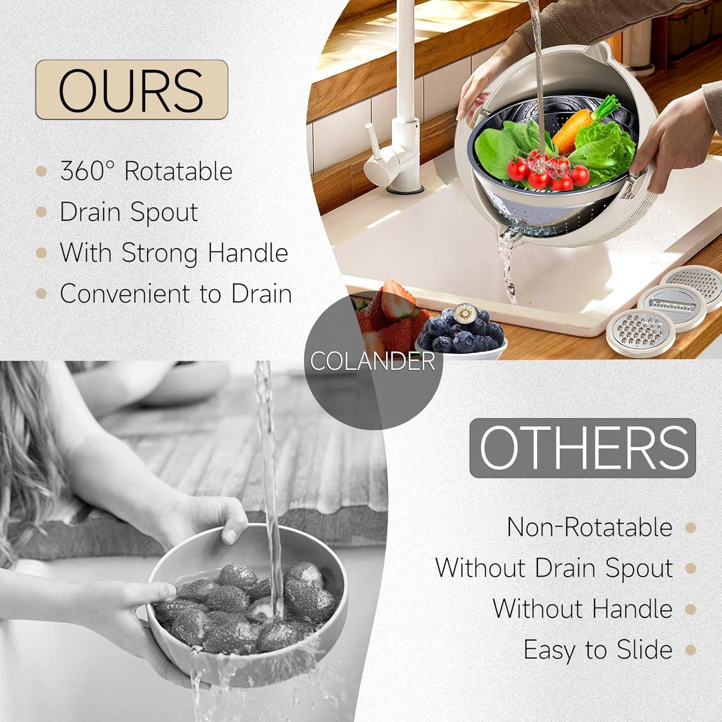 4-in-1 Rotatable Colander and Bowl Set with Measuring Spoons - Aesthetic Food Strainers and Colanders for Kitchen Essentials - Beige