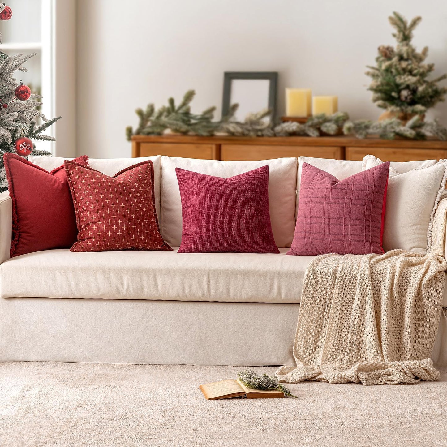 Burlap Linen Throw Pillow Covers 18X18 Inch Set of 2 Burgundy Red Decorative Pillows Modern Farmhouse Pillowcases Soft Accent Cushion Covers for Outdoor Couch Sofa Bedroom Livingroom Home Decor