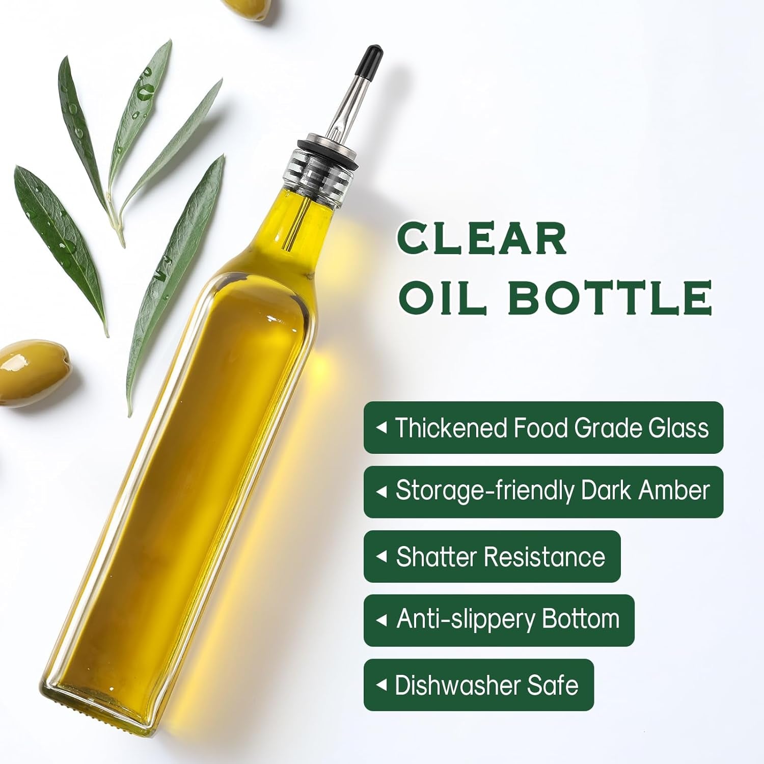 17Oz Clear Glass Olive Oil Dispenser Bottle - 500Ml Oil & Vinegar Cruet with Pourers and Funnel - Olive Oil Carafe Decanter for Kitchen