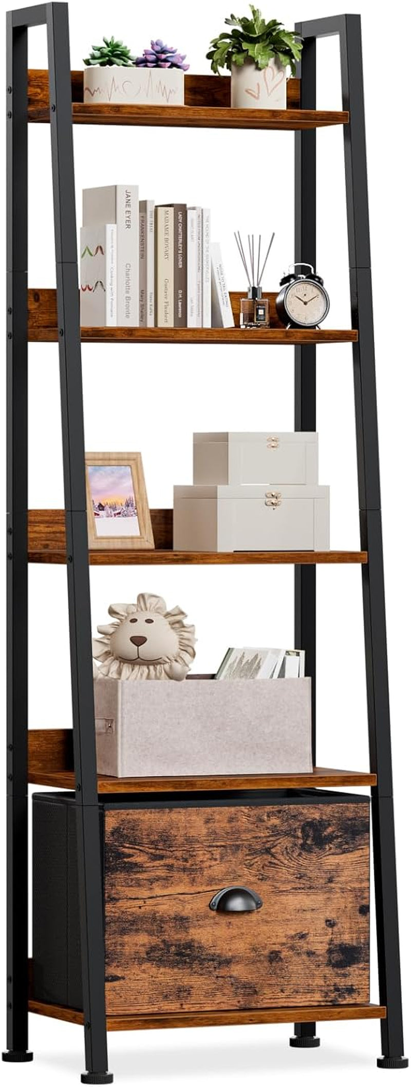 5-Tier Ladder Shelf, Ladder Bookshelf with Removable Drawer, Rustic Bookcase Storage Rack Organizer, Wood Metal Freestanding Storage Shelf for Living Room, Home Office, Bedroom, Balcony