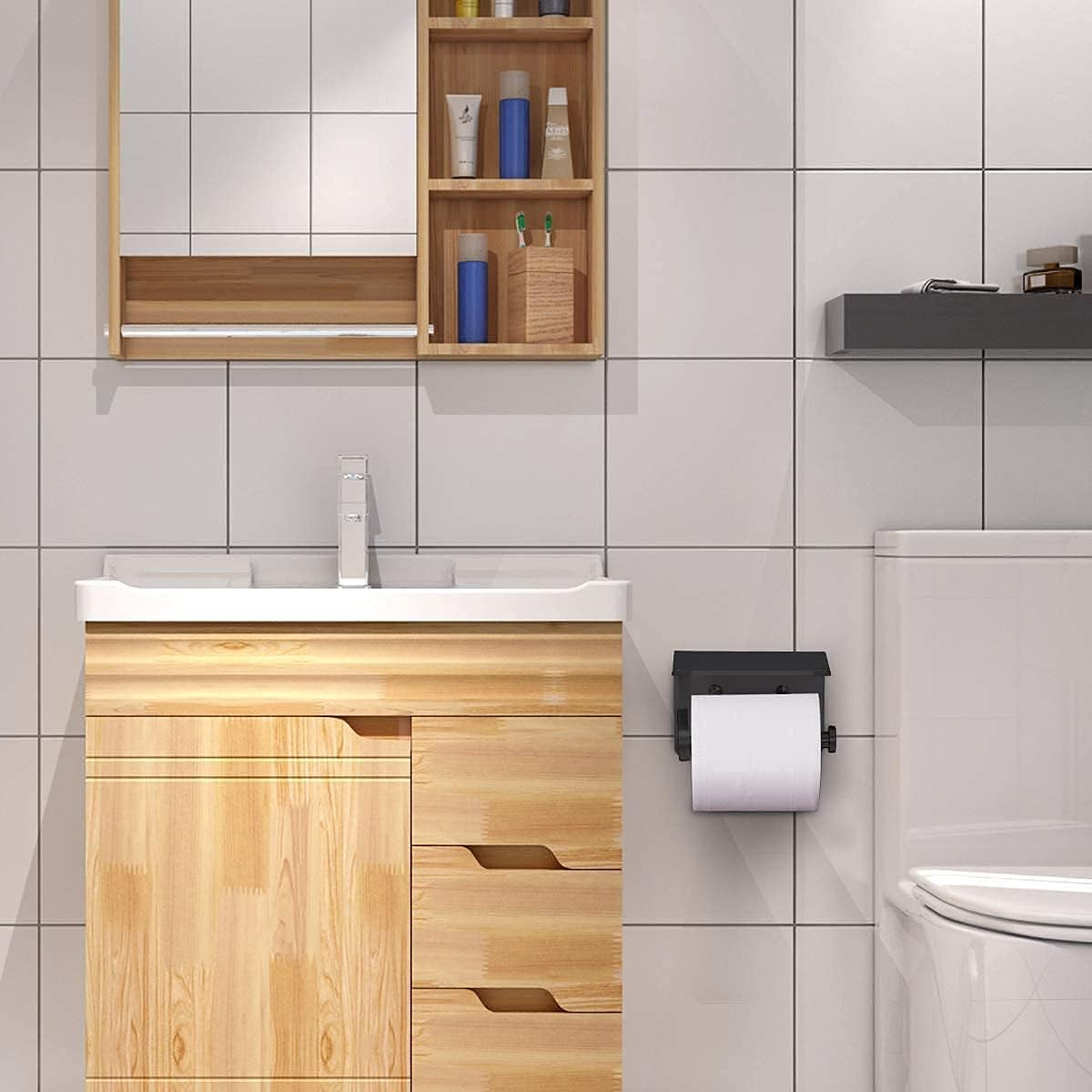 Self Adhesive Toilet Paper Holder with Phone Shelf Stainless Steel Wall Mounted Toilet Paper Roll Holder - Rustproof and Bathroom Washroom Tissue Roll Holder with Shelf - Black