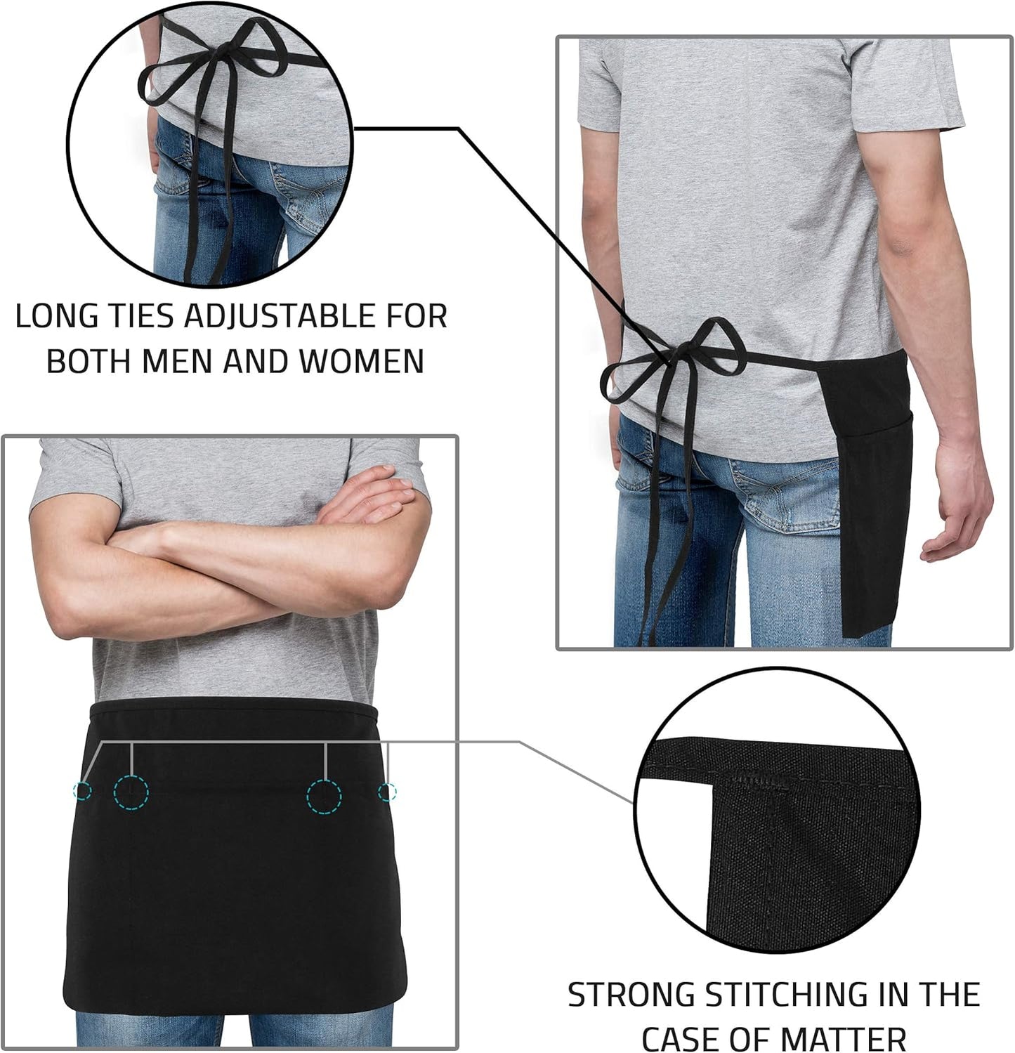 12 Pack Server Apron with 3 Pockets, Waist Apron for Waiter Waitress, 12 Inches