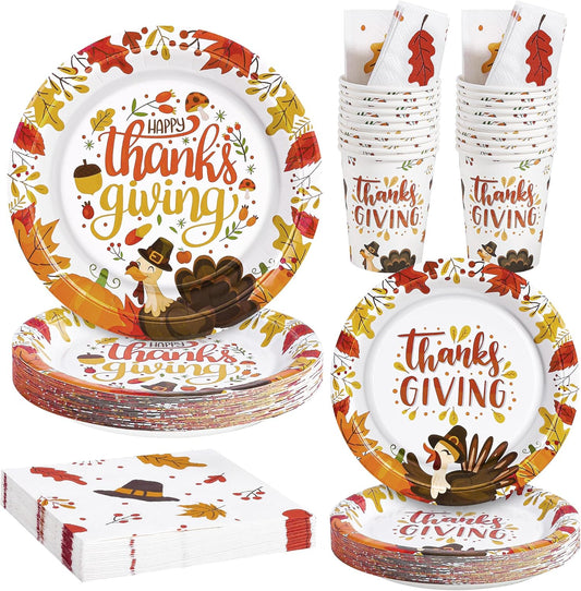 120 PCS Thanksgiving Paper Plates, Disposable Thanksgiving Plates and Cups Set, Heavy Duty Harvest Table Decorations, Fall Dinnerware Set for Holiday Decorations Themed Party Serve 30 Guests