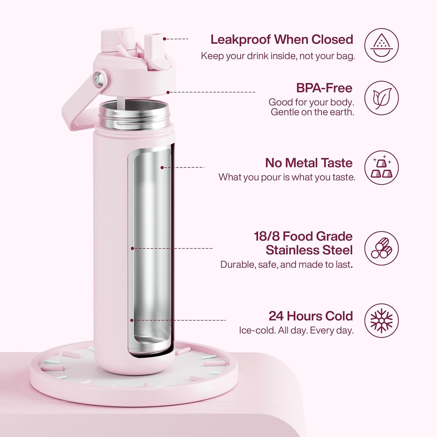 Insulated Water Bottle with Straw -  Stainless Steel Water Bottle, Leak-Proof, Bpa-Free, Double Wall Vacuum Keeps Cold for 24 Hours for Sports, Travel, School (26 Oz, Cotton Candy)