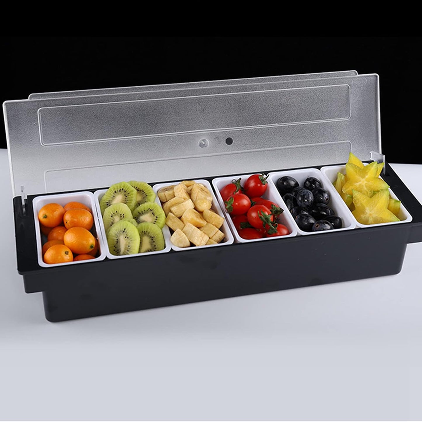 Fruit Veggie Condiment Caddy with Lid, 6 Compartment Plastic Dispenser Tray for Catering Dips Toppings, Serving Taco, Ice Cream, Fruit, & Salad Bar,Garnish Organizer for Restaurant Supplies