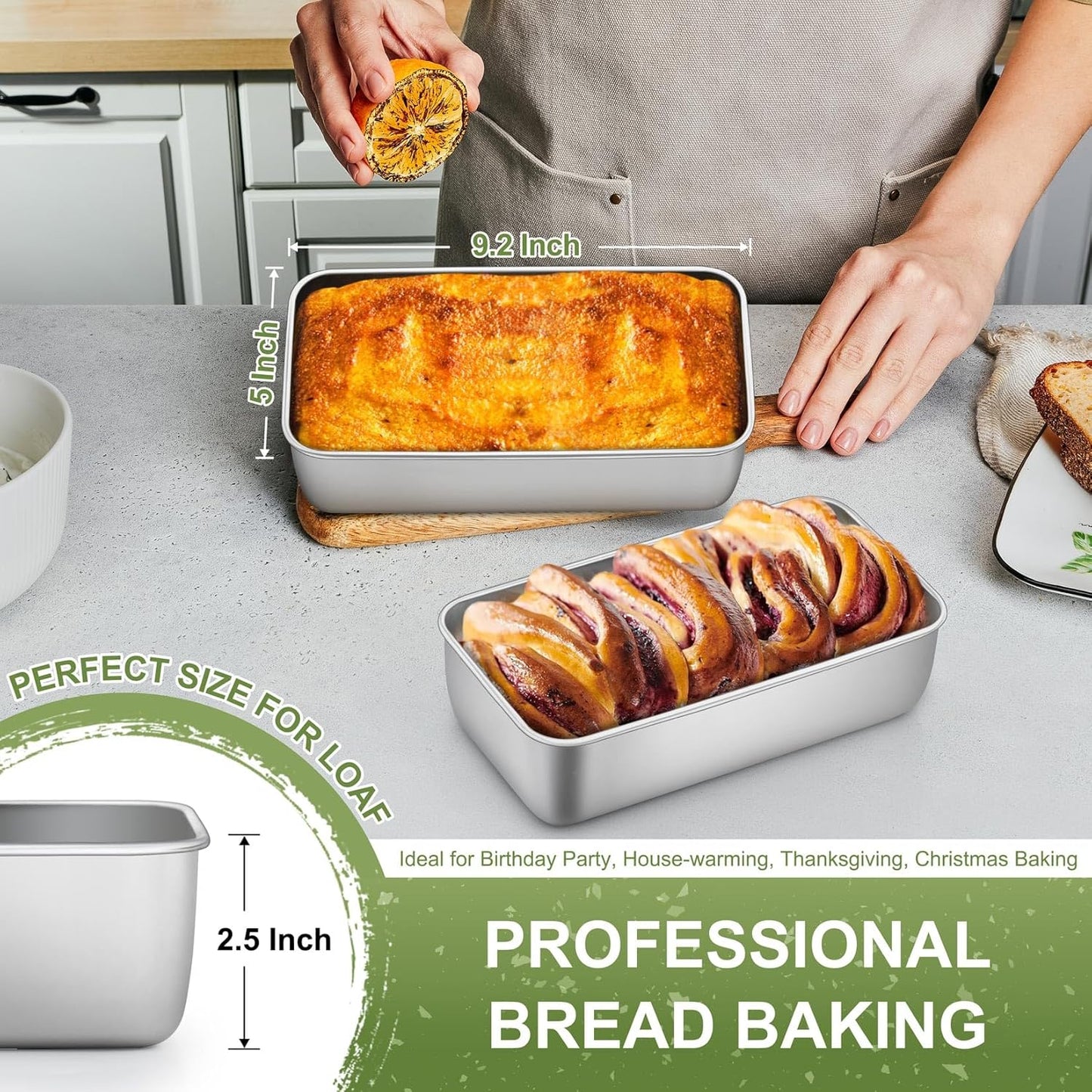 Loaf Pan Set, 9 X 5 Inch Bread Pans, Stainless Steel Loaf Toast Baking Pans for Bread Meatloaf Lasagna Cake, Healthy & Non Toxic, Oven & Dishwasher Safe,(Silver, 2Pcs)