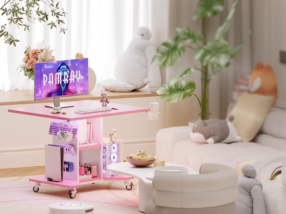 Small Rolling Gaming Desk with Led Lights Power Outlets and Storage Pegboard, Small Spaces Compact PC Computer Table Pink