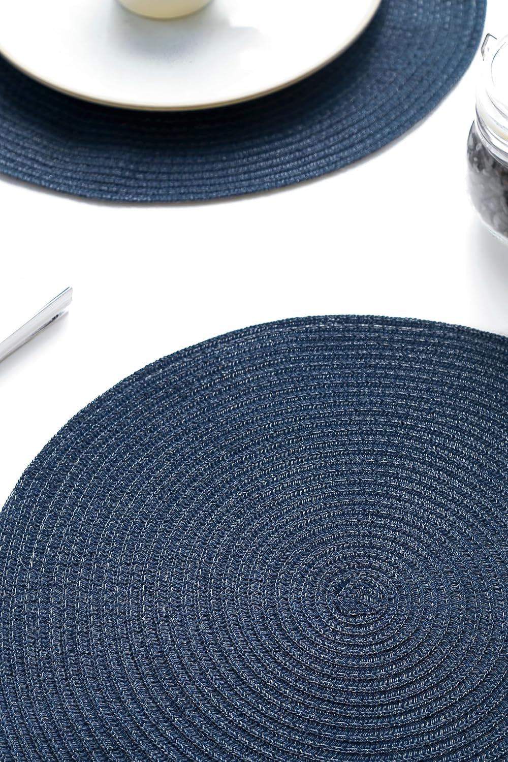 15-Inch Round Braided Placemats Set of 4, Washable Heat-Resistant Cotton-Polyester Circle Place Mats for Kitchen Dining Table - Navy Blue