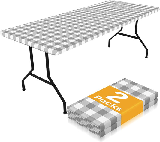 Waterproof Elastic Fitted Picnic Tablecloths - 2 Pack for 6FT Rectangle Tables, Washable Polyester Buffalo Plaid Design for Camping, Dining, and Outdoor Use (Grey & White, 30" X 72")