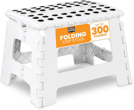 Folding Step Stool with 9 Inch Height (Pack of 1) - Holds up to 300 Lbs - Lightweight Plastic Foldable Step Stool for Kitchen, Bathroom & Living Room (White)