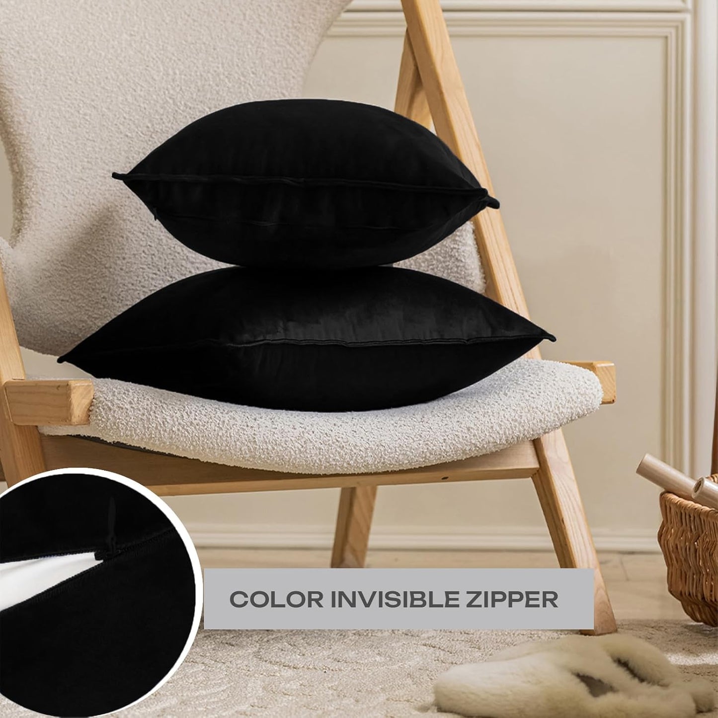 Velvet Black Throw Pillow Covers 18×18 Inches Pack of 2 Decorative Soft for Couch Sofa Bed Livingroom Office