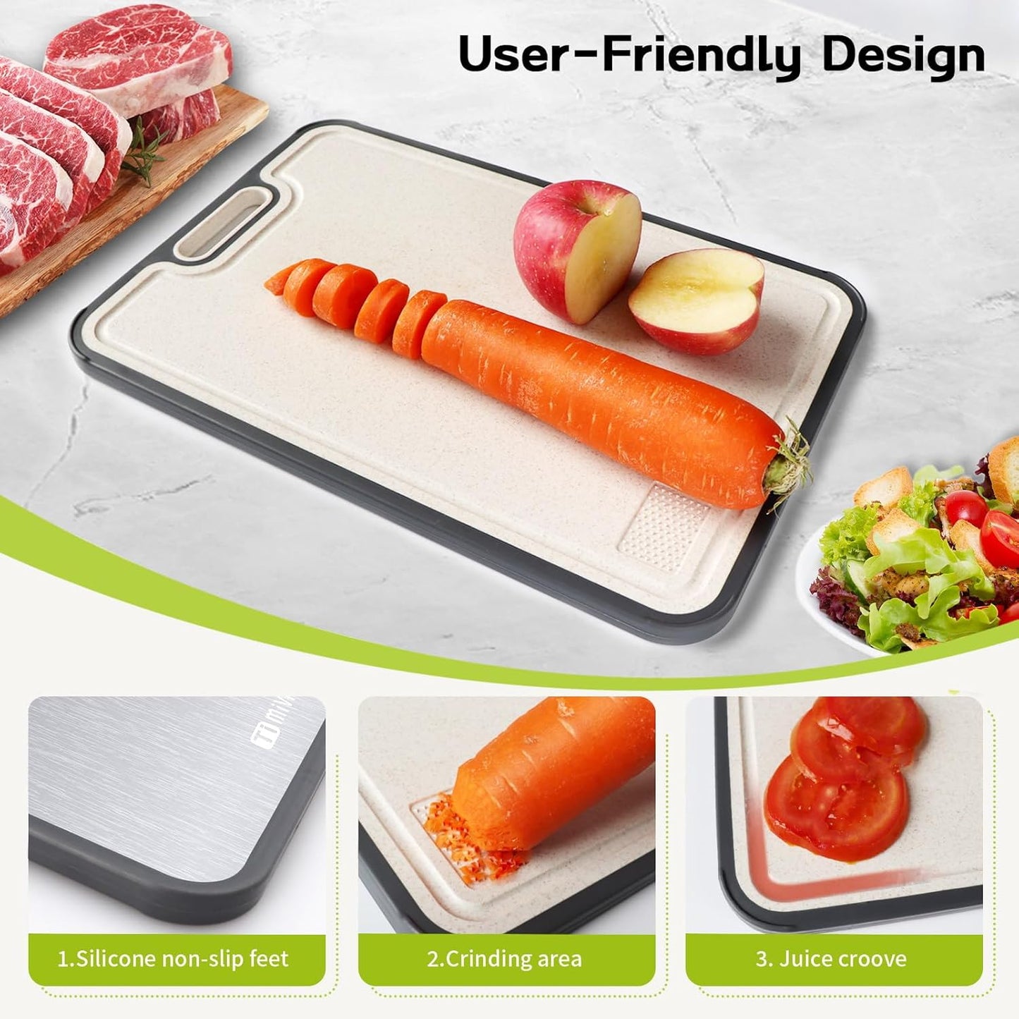 Titanium Cutting Board, Titanium Cutting Boards for Kitchen Food Grade Metal Meat Cutting Boards Non Toxic, Pure Cut Titanium & Wheat Straw PP Double Sided Chopping Board, Large 15.2”×10.5” (1 Pcs)