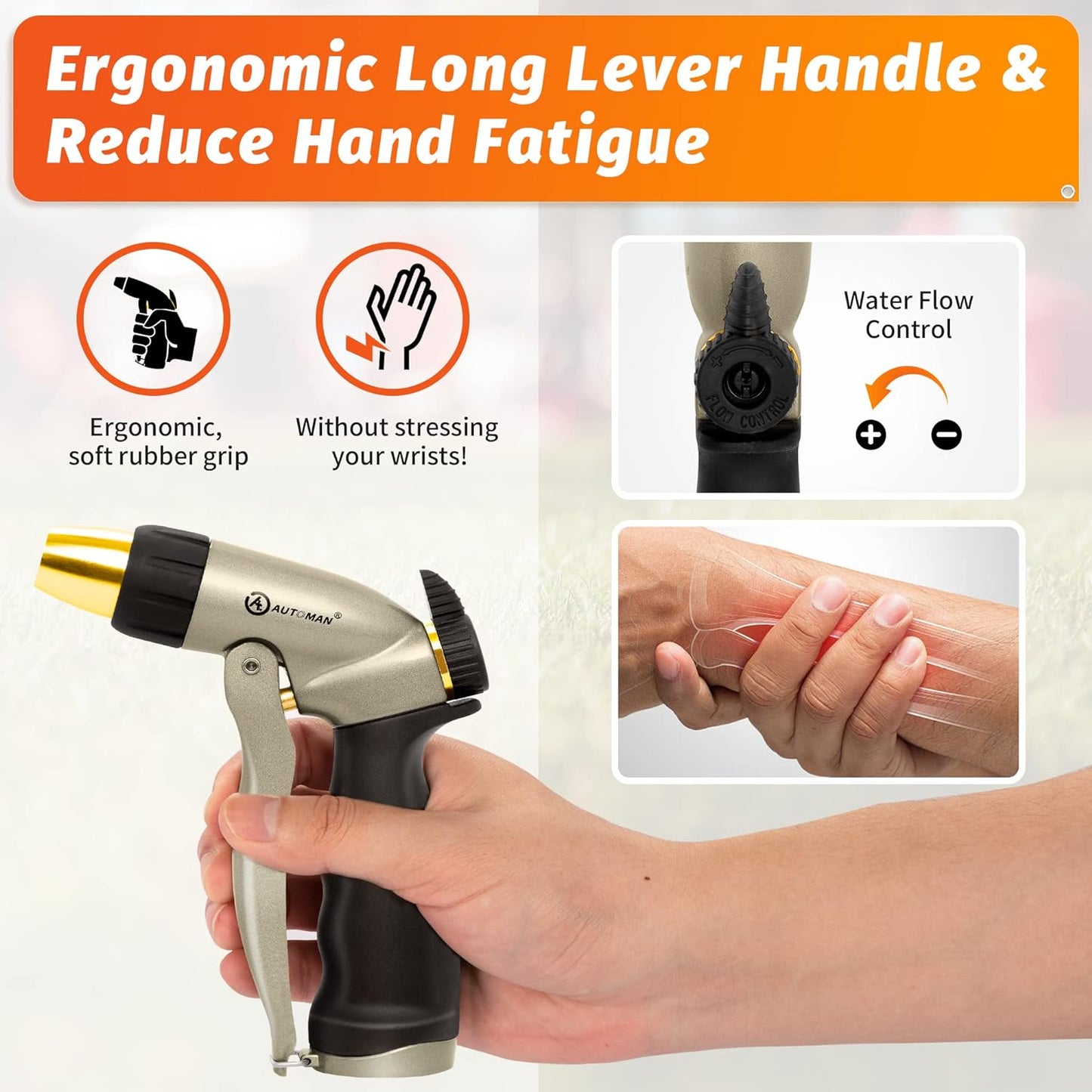 Garden Hose Nozzle - 100% Metal High Pressure Spray Nozzle, Adjustable Spray Patterns, Labor-Saving, Heavy Duty for Garden Watering, Car Washing, Window Cleaning, Pets Showering