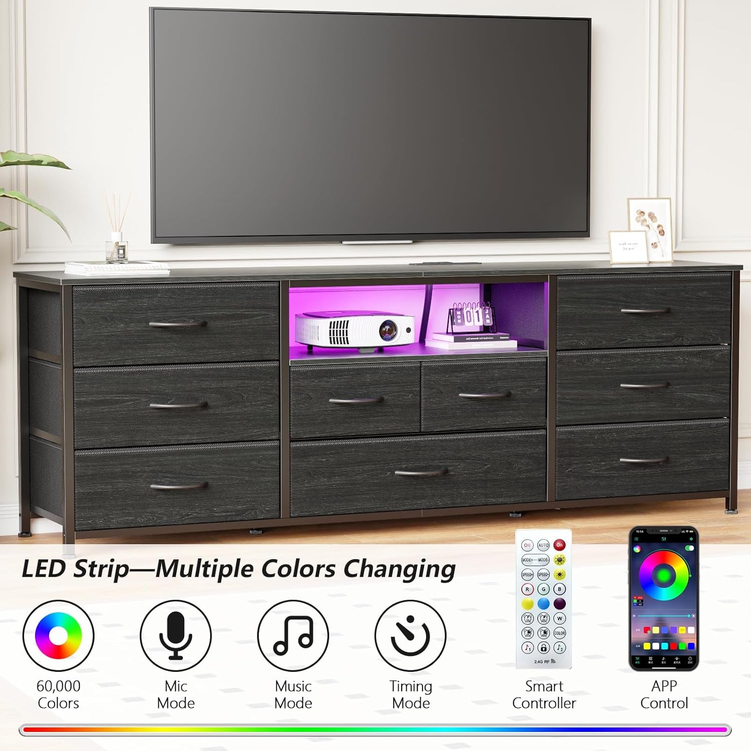 63-Inch TV Stand with Power Outlet and LED Lighting, 9-Drawer Dresser for Bedroom and Entertainment Center for 65"-75" TVs, Black Dresser with Fabric Storage Drawers for Closet Organization