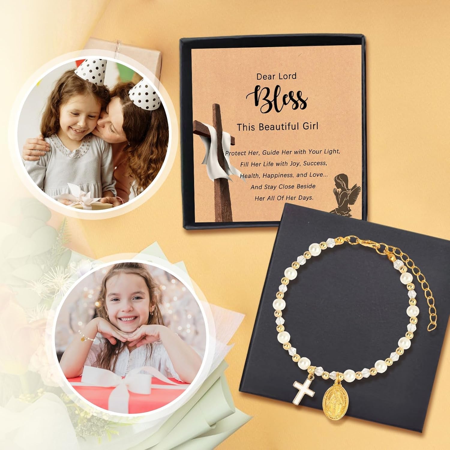 Christmas Gifts Pearl Cross Bracelet for Girls - First Communion, Baptism, Easter, Little Girl Gifts for Daughter Granddaughter Godchild-Gold Adjustable with Blessing Card Cross Bracelet