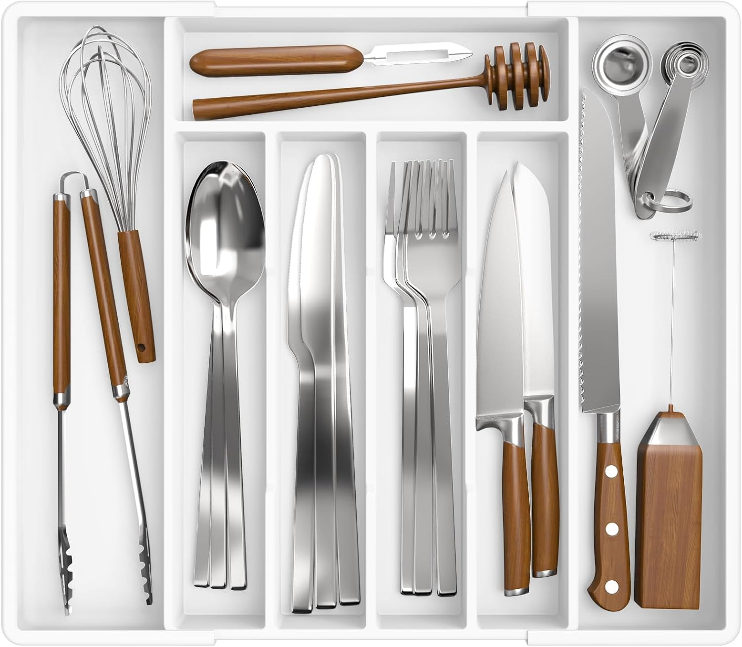 Silverware Organizer for Drawers - Expandable Cutlery and Utensil Drawer Organizer with Easy Maintenance, Premium PP Kitchen Organizers and Storage for Flatware, White, 13.2" X 12.2" X 1.6"