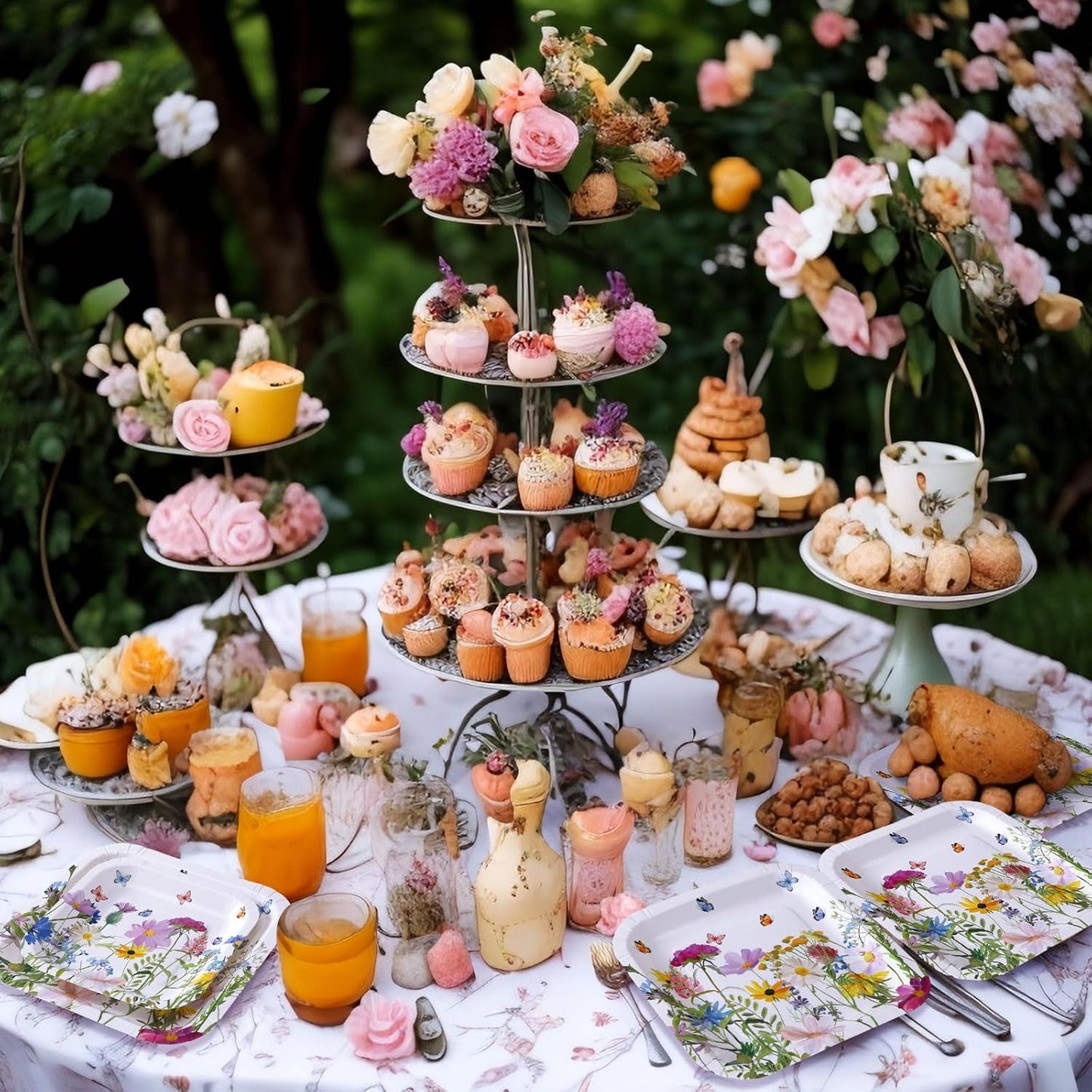 100-Piece Floral Disposable Paper Plate Set - 9'' Dinner Plates and 7'' Square Dessert Plates for Birthdays, Weddings, Baby Showers, and Parties (Sweet Color, Wildflower Design)