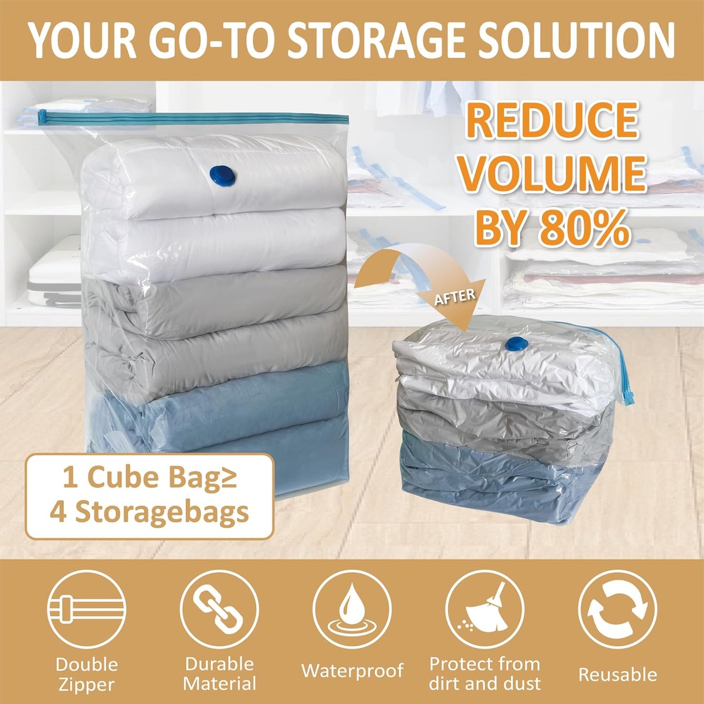 5 Pack Cube Vacuum Storage Bags, Jumbo Cubes for Sealed, Extra Large Space Saver Bags Bedding, Clothes, Comforters, Blanket, Duvets (Cube Sized), Transparent