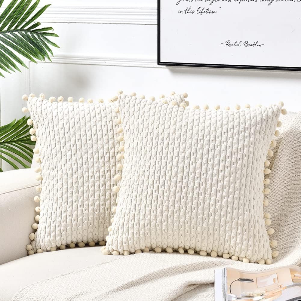 Set of 2 Boho Cream Decorative Throw Pillow Covers 18X18 Inch with Pom-Poms for Couch Bed Sofa, Modern Farmhouse Home Decor, Soft Plush Corduroy Cute Cushion Case 45X45 Cm