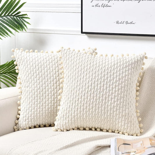 Set of 2 Boho Cream Decorative Throw Pillow Covers 18X18 Inch with Pom-Poms for Couch Bed Sofa, Modern Farmhouse Home Decor, Soft Plush Corduroy Cute Cushion Case 45X45 Cm