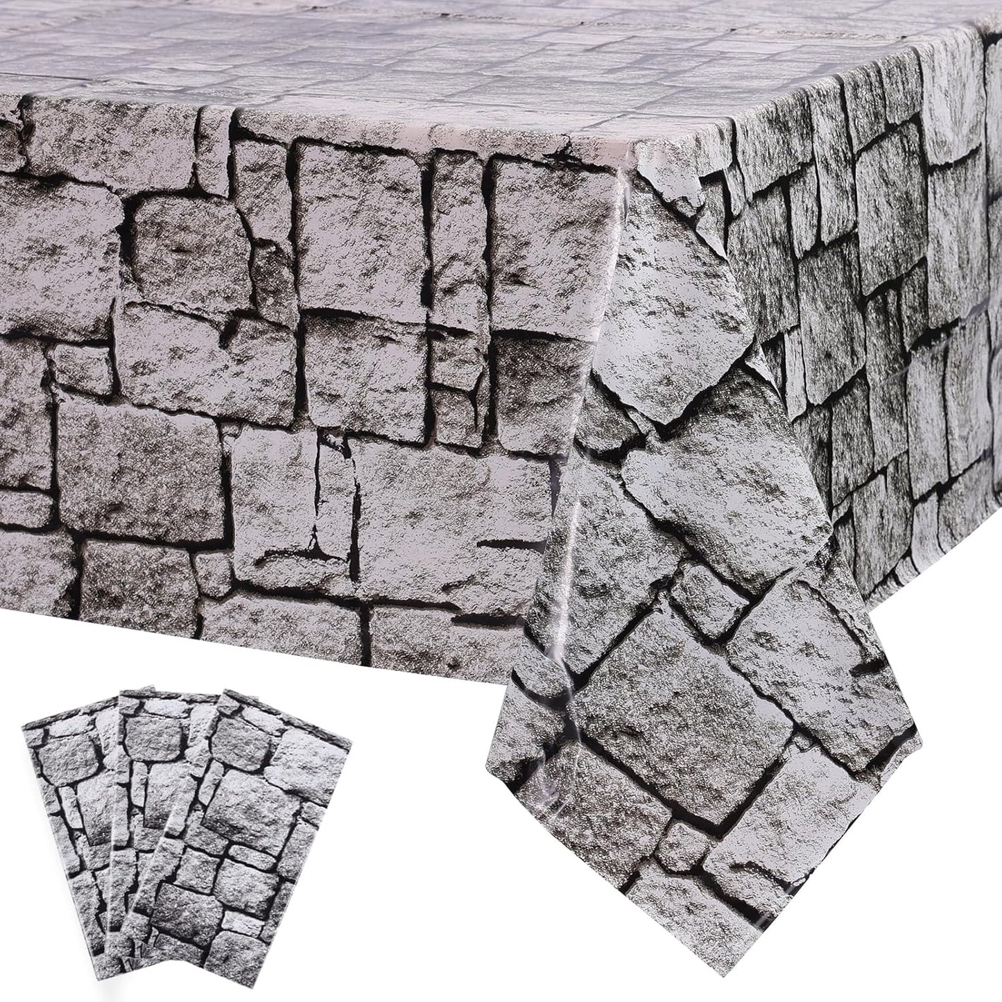 3 Packs Stone Wall Tablecloths 54 X 108 Inch Halloween Table Cloth Stone Printed Table Cover Wallpaper Plastic Medieval Castle Knight Themed Backdrop Stones Brick Tablecovers for Birthday Party