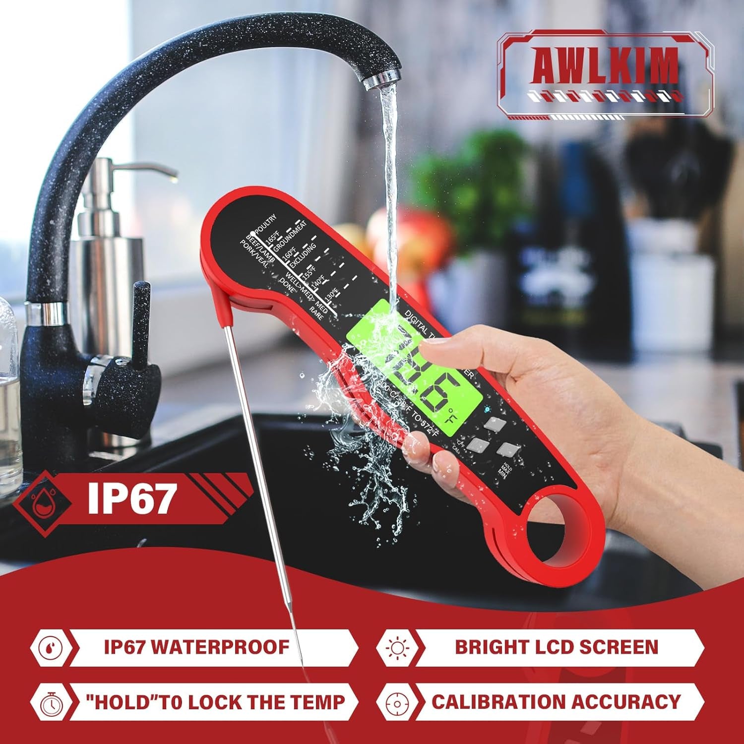 Meat Thermometer Digital - Instant Read Waterproof Food Thermometer with Backlight for Cooking, Grill, Candy, Kitchen & Stocking Stuffers for Men - Red