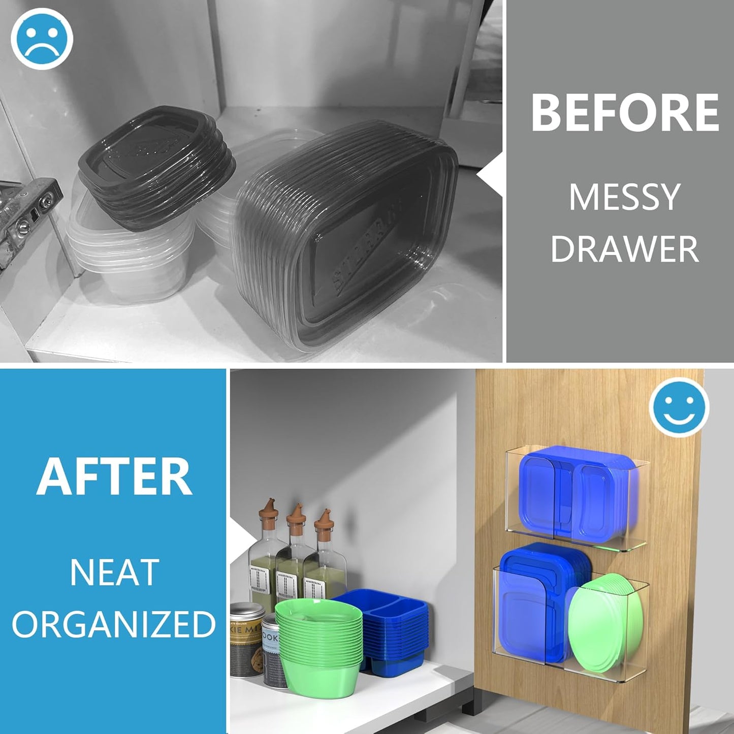 Set of 3 Acrylic Lid Organizers for Cabinets - Adhesive Door Storage Solution for Tupperware Lids, Heavy-Duty Slim Plastic Wall Baskets for Kitchen and RV Pantry Organization