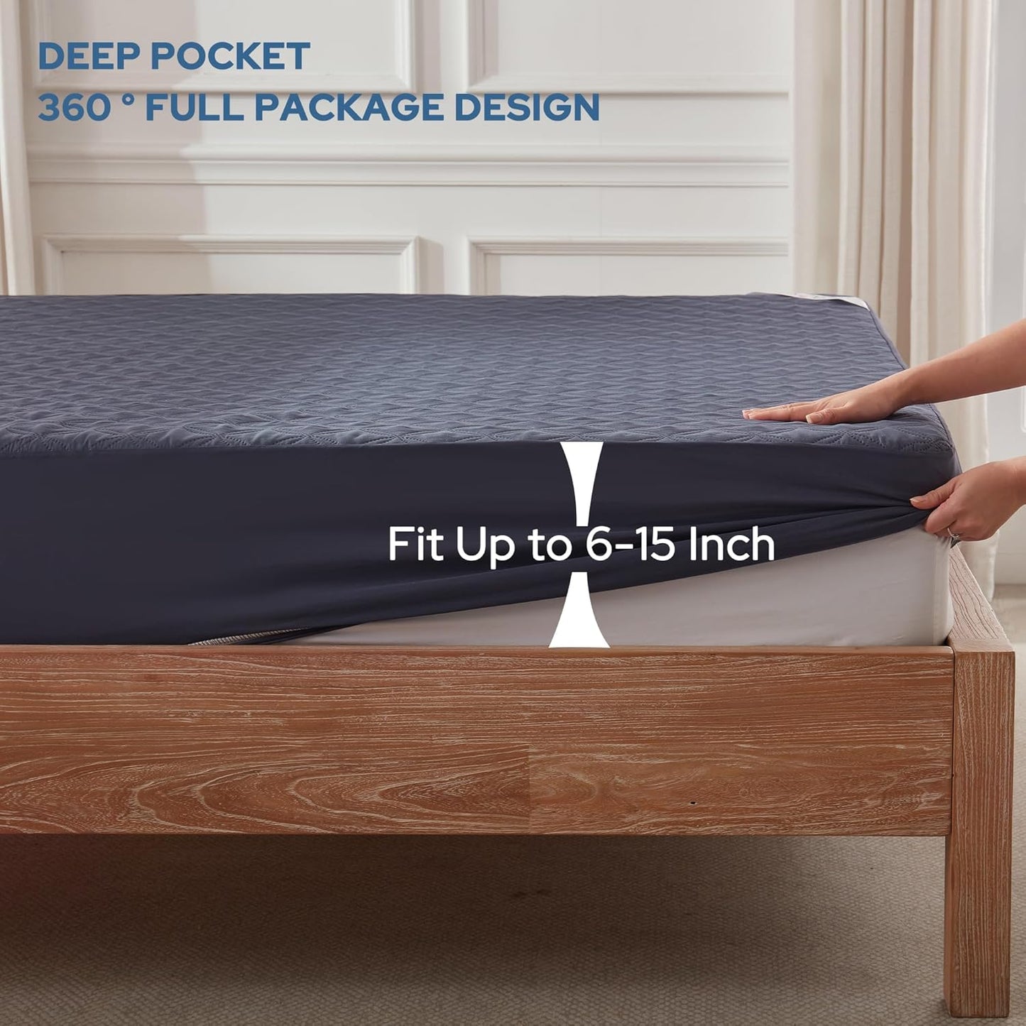 Waterproof Mattress Protector, Twin Size Noiseless Mattress Pad with Deep Pocket 6"-15" Depth, Soft Breathable Bed Mattress Cover Washable for Home, Bedroom, Hotel (Navy Blue)