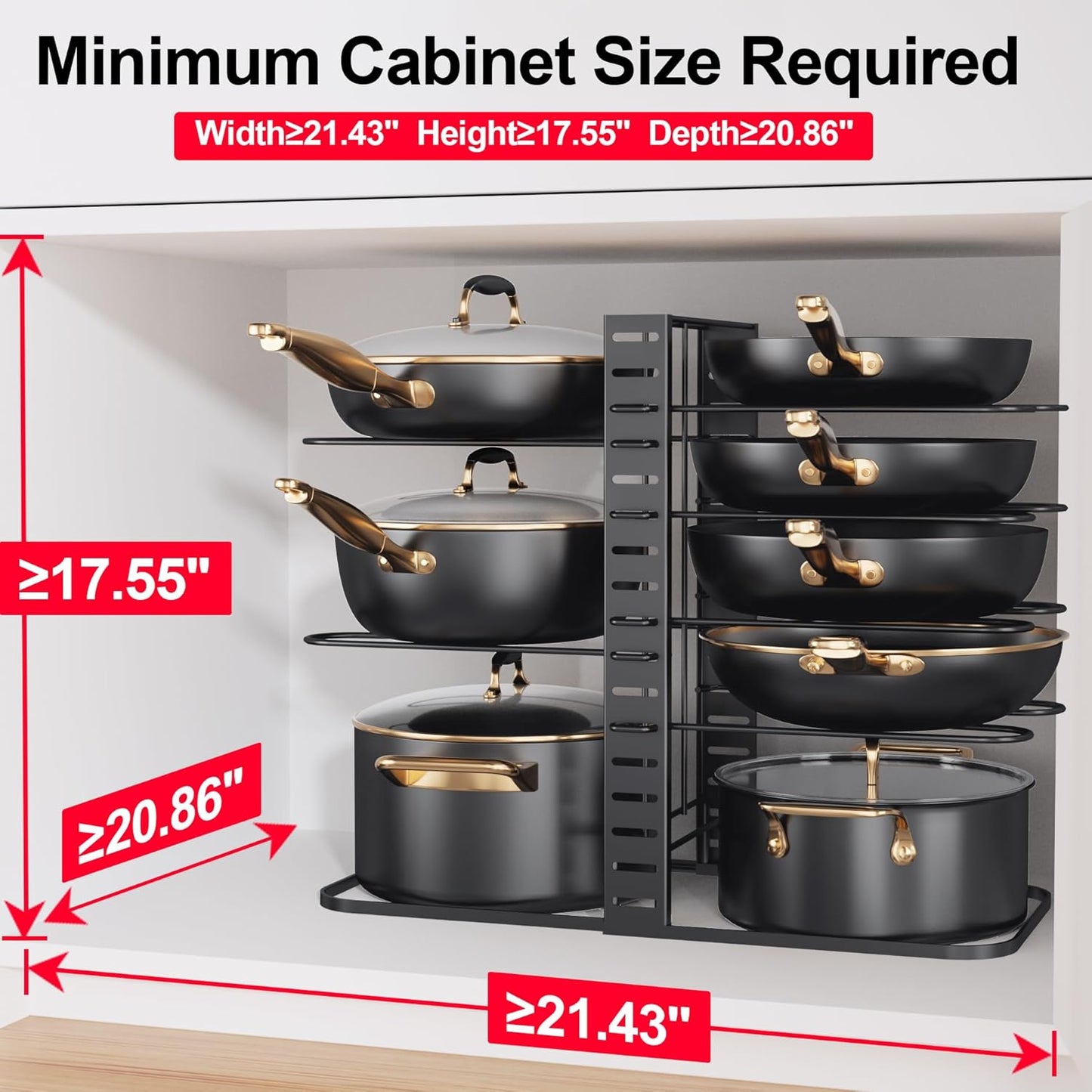 Pots and Pans Organizer Rack under Cabinet 14.55In Height, 8-Tier Kitchen Cabinet Organizers and Storage, Light-Duty Adjustable Pot Racks, Pan Organizers inside Cabinet with 3 DIY Methods