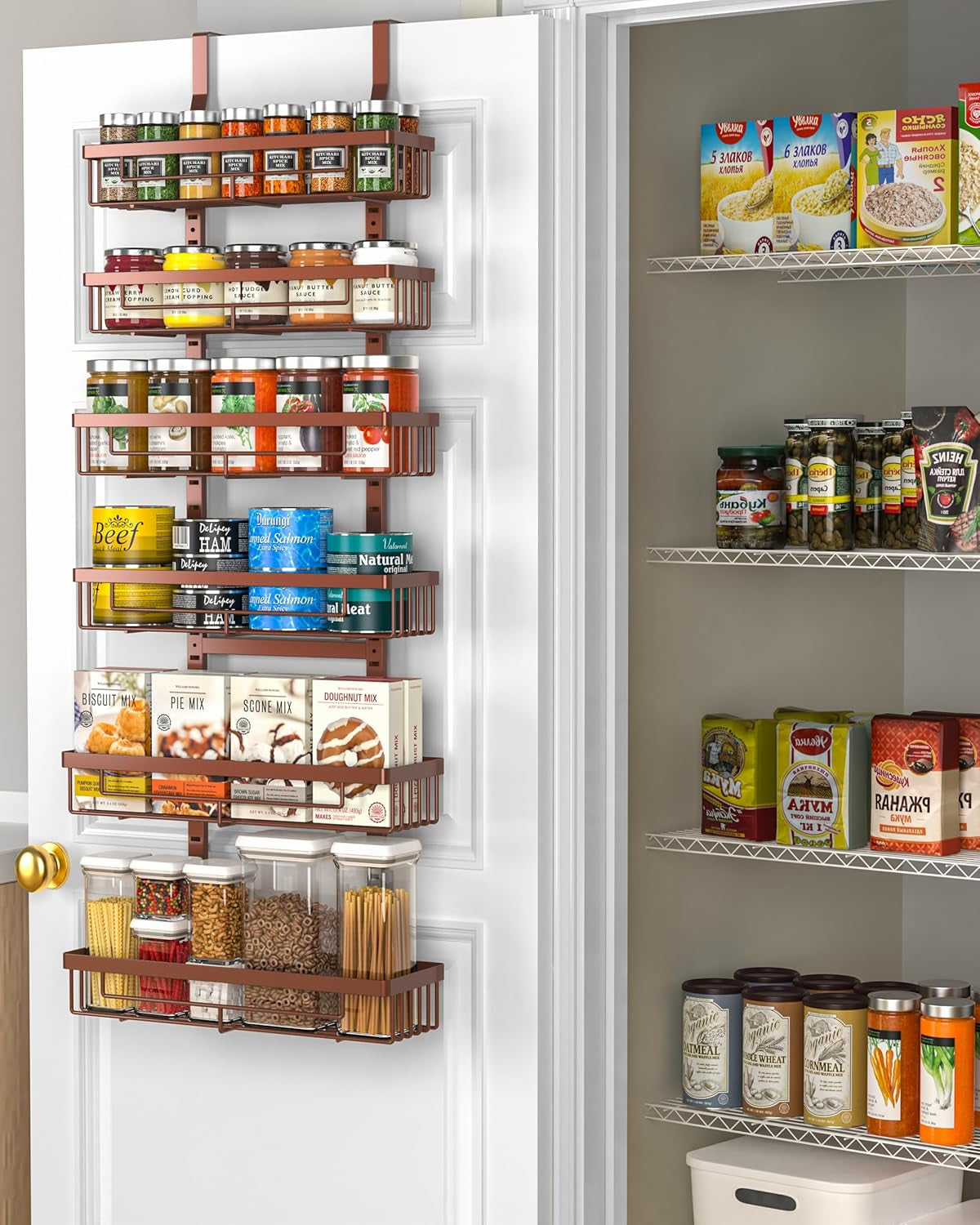 6-Tier Door Food Storage Cabinet Organizer - White Hanging Kitchen Basket Organizer with Wall Mounted Spice Rack - Rear Cabinet Door Spice Rack for Bathroom, Home, Bedroom (Bronze)
