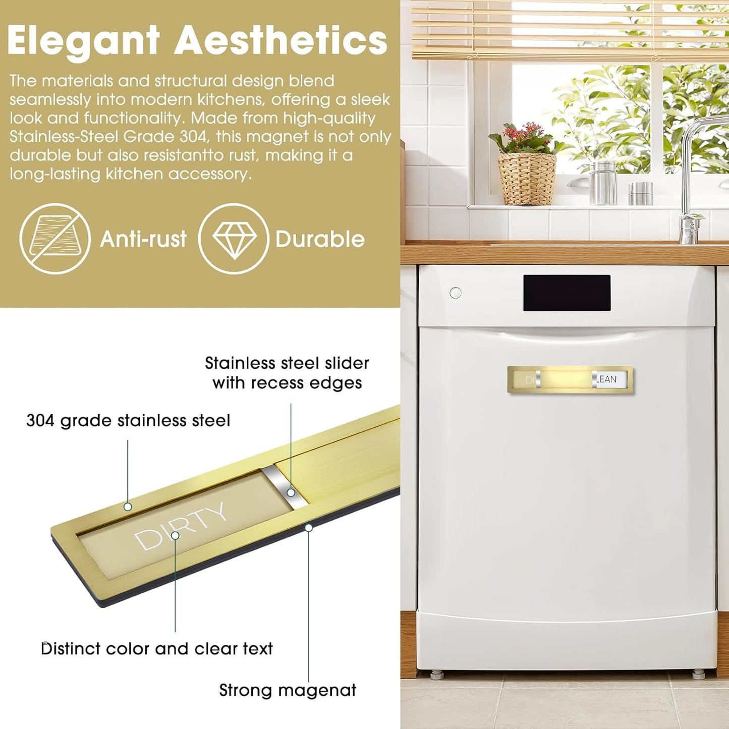 Dishwasher Magnet Clean Dirty Sign,Premium Stainless Steel Grade 304,Matte Finish Clean/Dirty Indicator with Strong Magnet, Home Kitchen Decor & Thoughtful Gift for Friends(Golden-03)