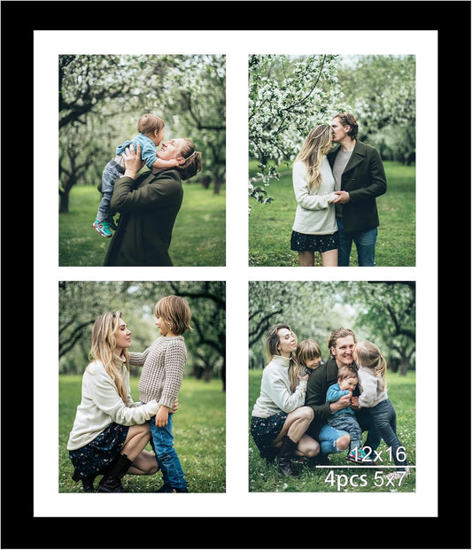 12X16 Picture Frame, 5X7 Collage Frame, Display 4 Pcs 5X7 Photos or 12X16 Picture, Four Opening Collage for Wall Hanging, Lightweight Multi Frame, Black