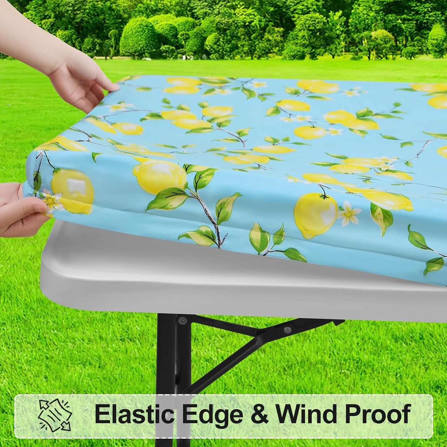 Rectangle Vinyl Tablecloth, Fitted Table Cover, 100% Waterproof, Elastic Edge, Flannel Backing, Plastic Table Cloth Fit 4 Foot Folding Tables for Picnic, Camping, Outdoor (Lemon, 24X48 Inch)
