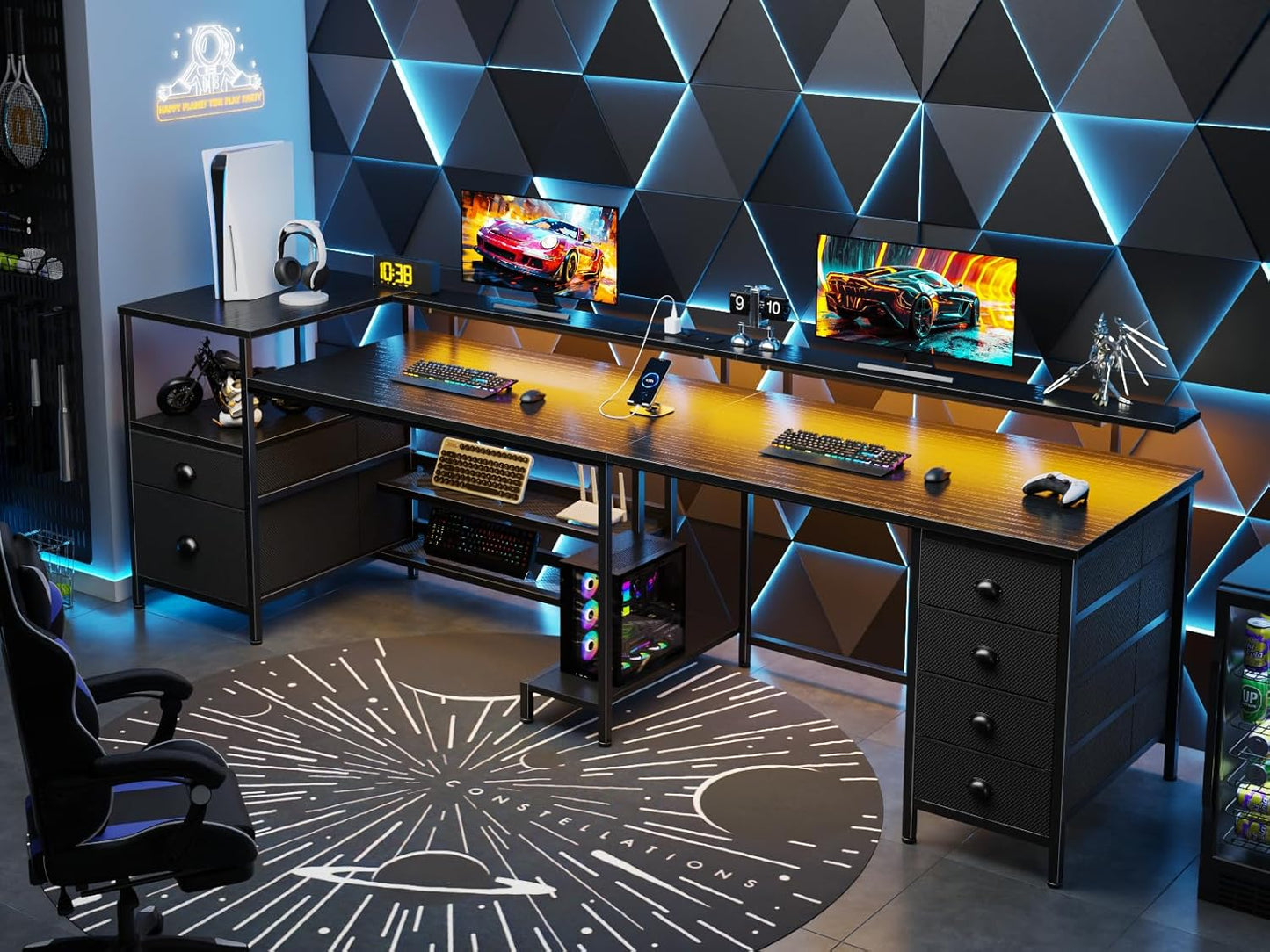 110 Inch 2 Person Desk, Long Two Person Gaming Desk with 6 Drawers & Storage Shelves, 66 Inch L-Shaped Desk with Power Outlets, LED Lights, Corner Table for Home Office, Black