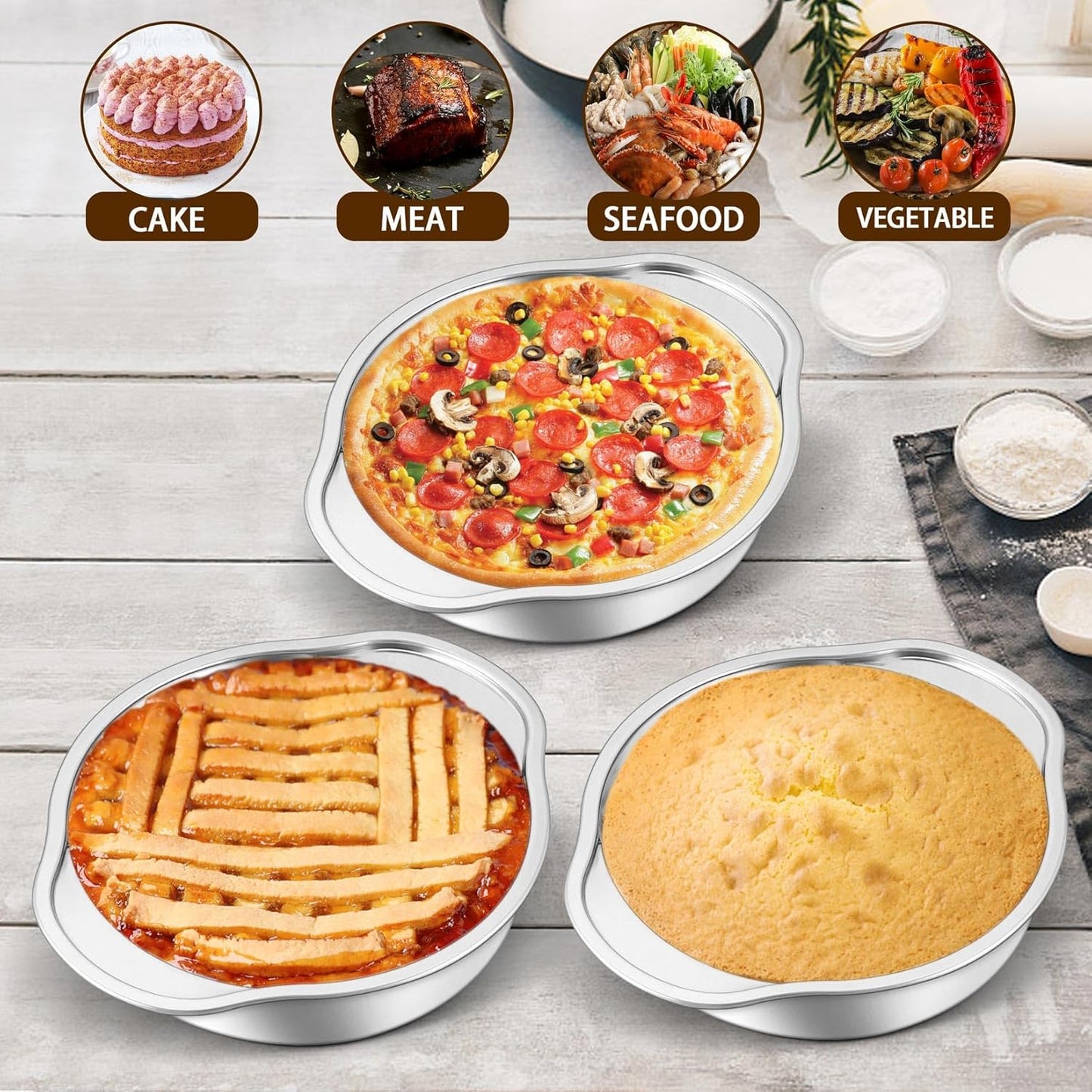 8 Inch Cake Pans Set for Baking, 3-Piece round Baking Pan with Handles, Stainless Steel Cake Tin for Birthday, One-Piece Design & Wider Handle, Dishwasher Safe & Heavy Duty, Silver