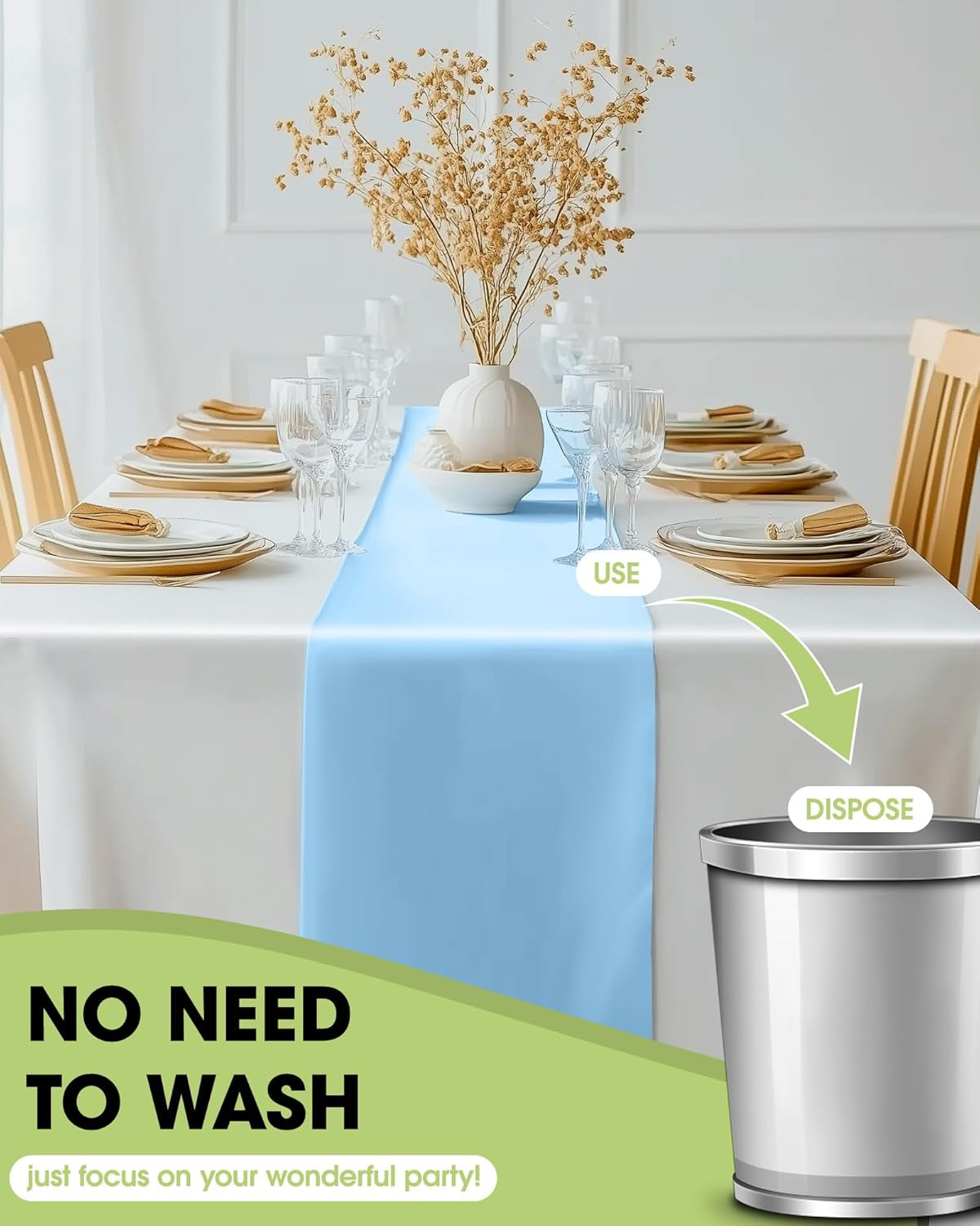 Light Blue Plastic Table Runners - 10 Pack, 14'' X 108'', Water Resistant & Disposable Centerpiece Decorations for Table Cloth, Wedding, Birthday, Holiday, Baby Shower, Party, Home Decor