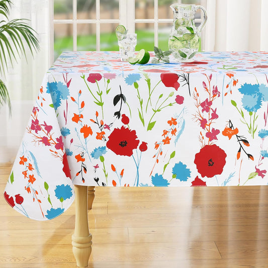 Rectangle Waterproof Vinyl Table Cloth, Wipeable Tablecloth with Flannel Backing, Plastic Table Cover for Dinner, Picnic, Indoor and Outdoor (Flowers, 60" X 84")
