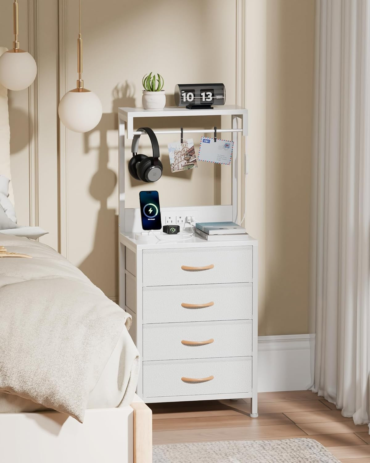 White Tall Nightstand with Charging Station and LED Lighting, Multifunctional Bedside Table with 4 Fabric Drawers, Metal Frame and Wood Shelves for Bedroom, Office, and Hallway