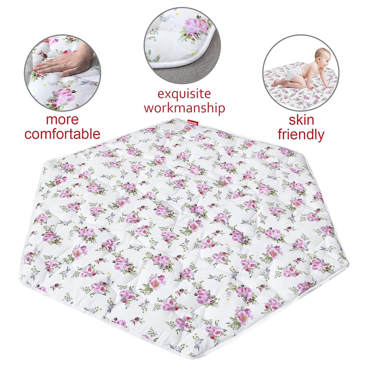 Hexagon Playpen Mat, Floral Print Baby Playmat Fits Regalo Portable Play Yard 48 Inch, Six Pannel Playpen Kids Tent Mat Hexagon Rug Mat