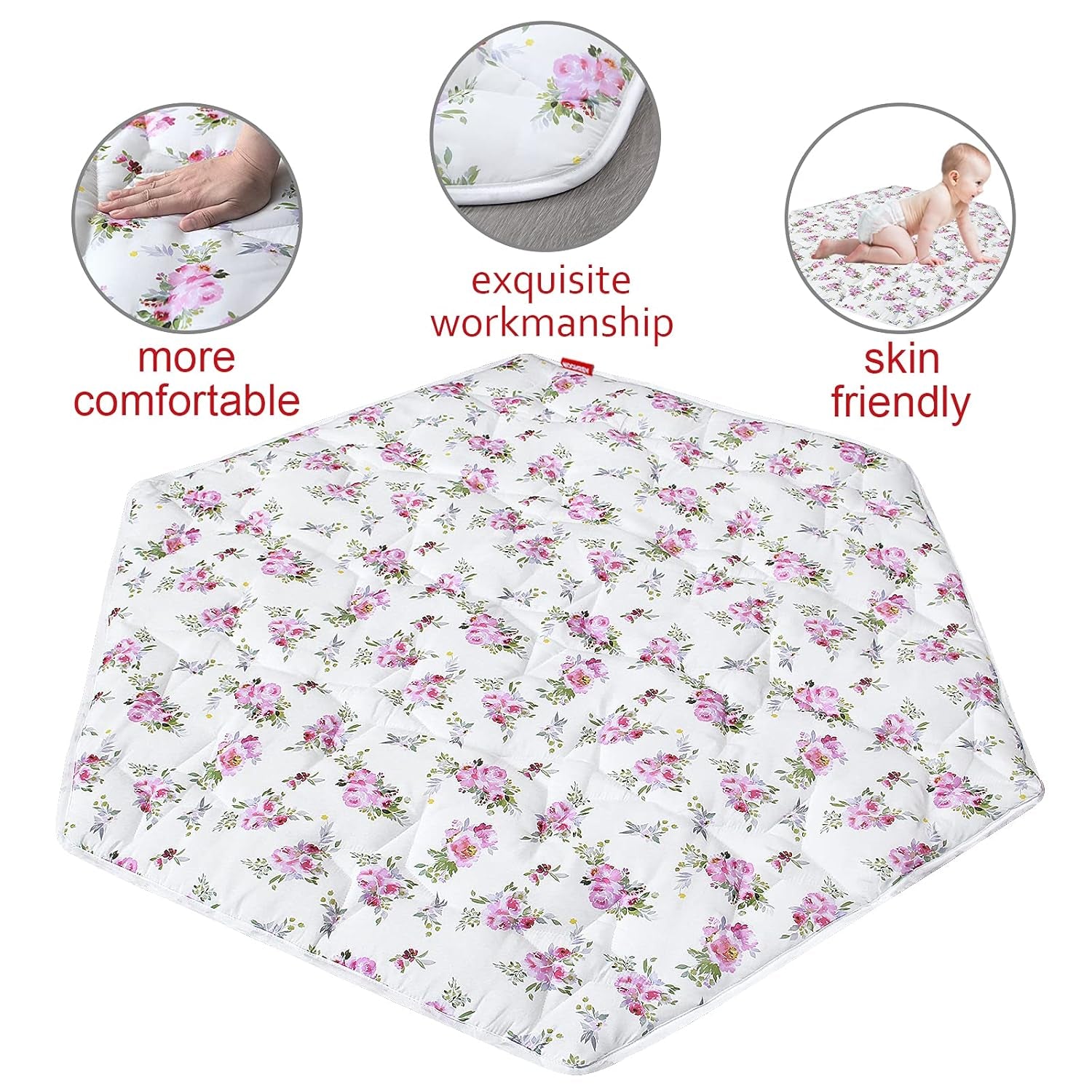 Hexagon Playpen Mat, Floral Print Baby Playmat Fits Regalo Portable Play Yard 48 Inch, Six Pannel Playpen Kids Tent Mat Hexagon Rug Mat