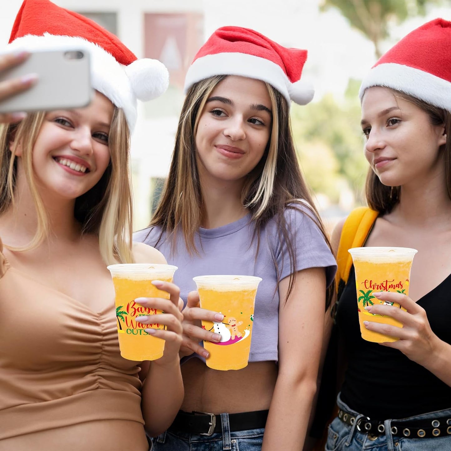 50 Pcs July Christmas Plastic Cups, 14 Oz Xmas in July Party Decorations, Santa Summer Christmas Disposable Plastic Cups, Clear Cup for Tropical Beach Bbqs Summer Hawaiian Party Supplies