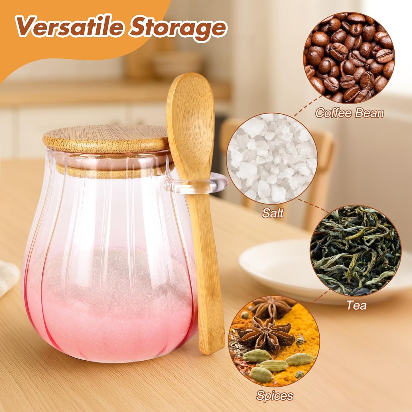 15 Oz Pink Sugar Bowl with Bamboo Lid and Spoon,Pink Kitchen Decor and Accessories,Glass Jar with Airtight Lid, Brown Sugar Keeper, Sugar Container for Coffee Bar and Office